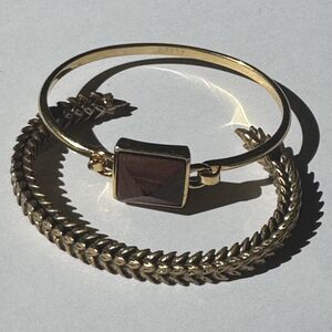 J. CREW Bracelets Set of 2 Gold Tone Bangle Square Wood Bead Bronze Leaf Cuff